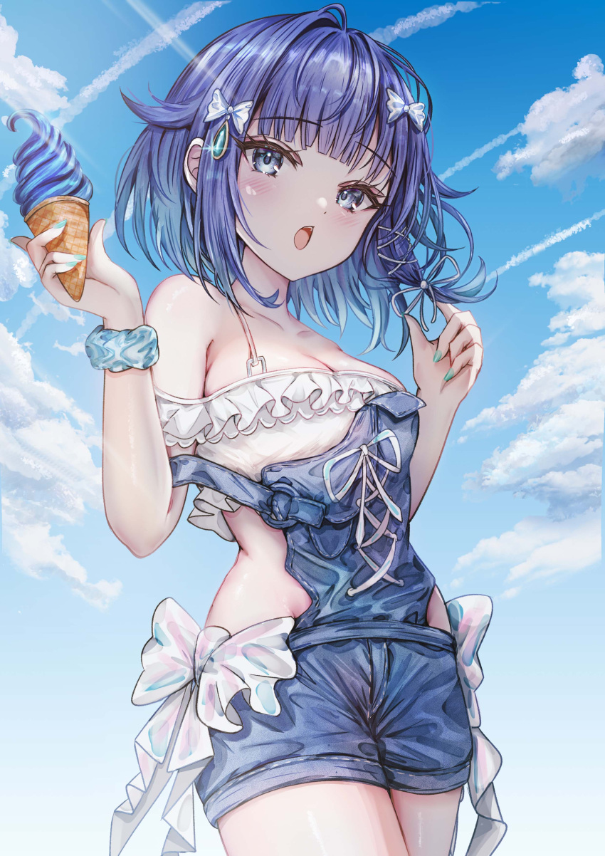 absurdres bare_shoulders blue_eyes blue_hair blue_overalls bow breasts cleavage cowboy_shot crop_top crop_top_overhang day denim denim_shorts female food frilled_shirt frills hairbow hands_up highres holding holding_food holding_ice_cream ice_cream looking_at_viewer medium_breasts mito_soosu nail_polish official_alternate_costume open_mouth outdoors overall_shorts overalls scrunchie shirt short_hair short_shorts shorts single_strap sleeveless sleeveless_shirt solo spaghetti_strap standing tsumugi_kokage tsumugi_kokage_(vspo!_summer_2024) virtual_youtuber vspo! white_bow white_shirt wrist_scrunchie