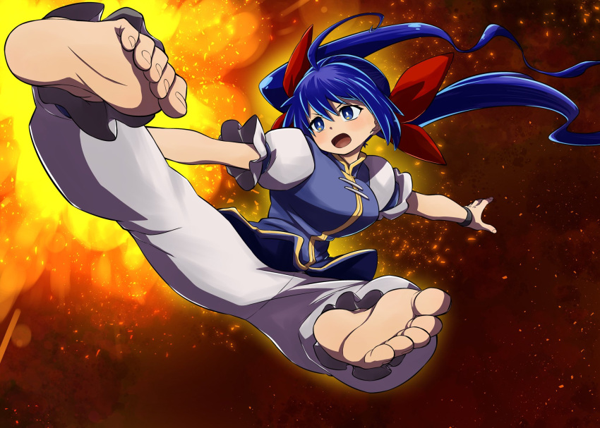 baggy_clothes barefoot blue_eyes blue_hair chinese_clothes fatal_fury feet female flying_kick futaba_hotaru garou:_mark_of_the_wolves highres kicking ko_akuman red_ribbon ribbon soles toes wristband