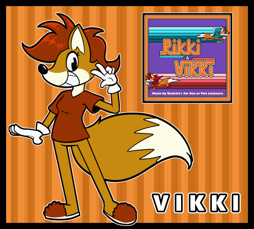 anthro atari atari_7800 biped bottomless canid canine clothed clothing digital_media_(artwork) english_text female fox fur hair hi_res logo looking_at_viewer mammal open_mouth outletdraws red_hair rikki_and_vikki shirt simple_background smile solo tail text toony toony_expression toony_eyes topwear vikki_(rikki_and_vikki)