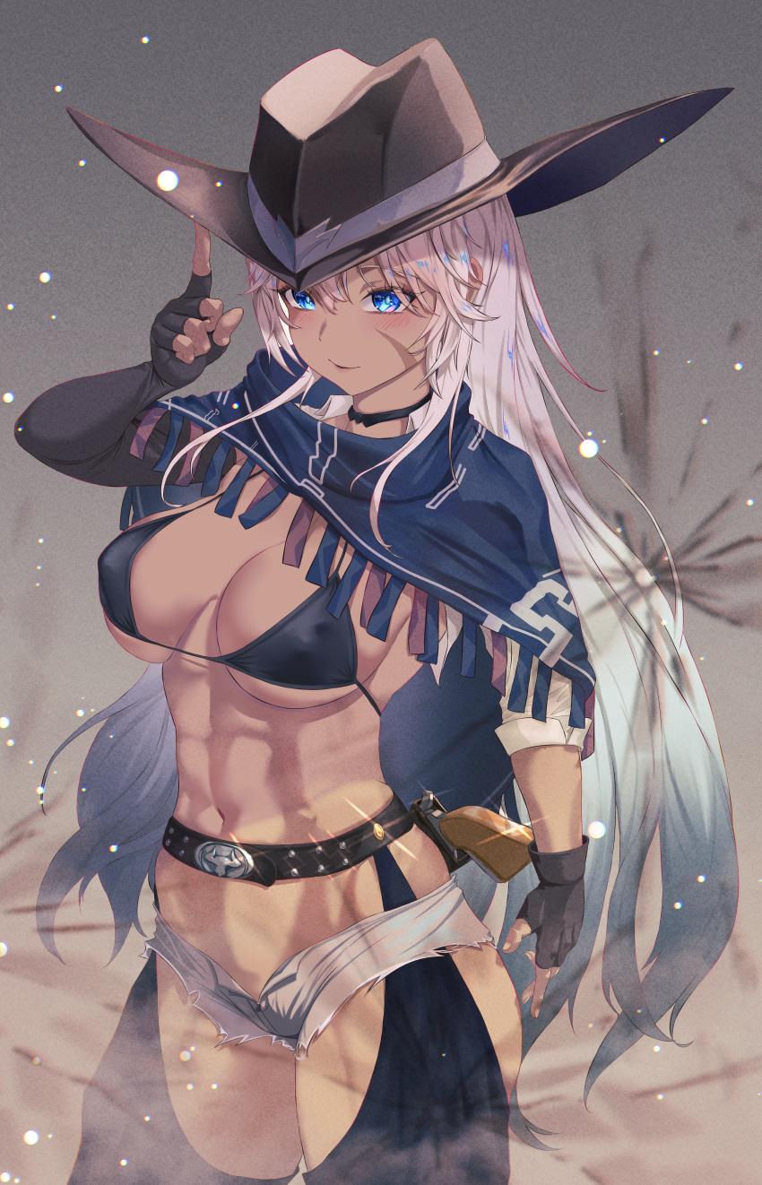 abs absurdres annasui_factory azur_lane belt black_belt blue_eyes blue_poncho breasts cowboy_hat cowboy_western dark-skinned_female dark_skin female fingerless_gloves gloves grey_shorts gun hat highres indiana_(azur_lane) indiana_(high_noon_arrest)_(azur_lane) large_breasts long_hair looking_at_viewer official_alternate_costume poncho revolver shorts solo toned_female weapon white_hair