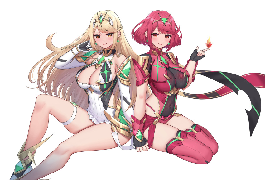 2girls absurdres bare_shoulders black_gloves blonde_hair blush breasts chest_jewel cleavage cleavage_cutout clothing_cutout core_crystal_(xenoblade) covered_navel dress earrings fire foot_out_of_frame full_body gloves highres impossible_clothes jewelry ken-san kneeling large_breasts looking_at_viewer multiple_girls mythra_(xenoblade) pyra_(xenoblade) red_eyes red_hair red_shorts shorts simple_background star_(symbol) star_earrings tiara white_background white_dress xenoblade_chronicles_(series) xenoblade_chronicles_2 yellow_eyes