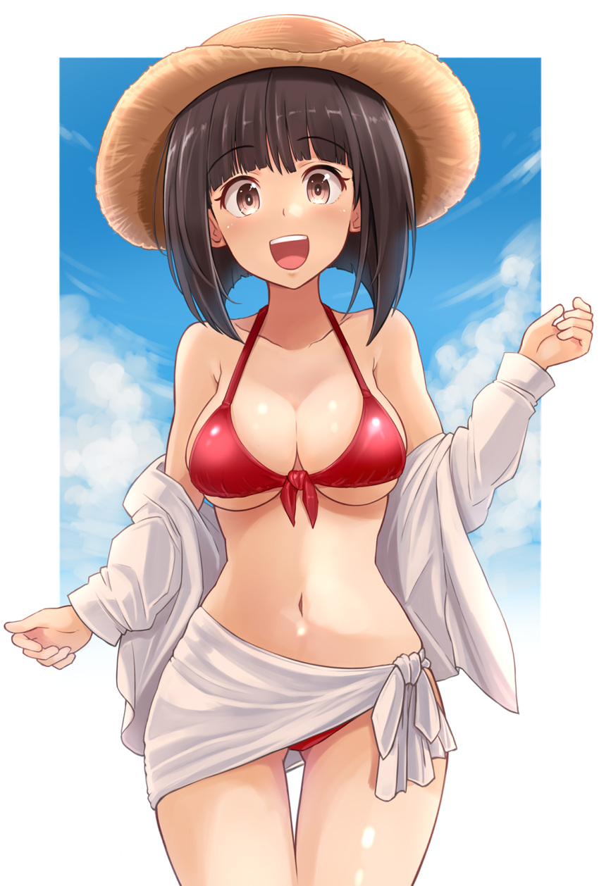 alternate_costume bikini black_hair blunt_bangs blush breasts brown_eyes cleavage female girls_und_panzer gotou_moyoko hat highres jacket kitayama_miuki large_breasts long_sleeves looking_at_viewer navel open_mouth red_bikini short_hair smile solo sun_hat swimsuit teeth upper_teeth_only white_jacket