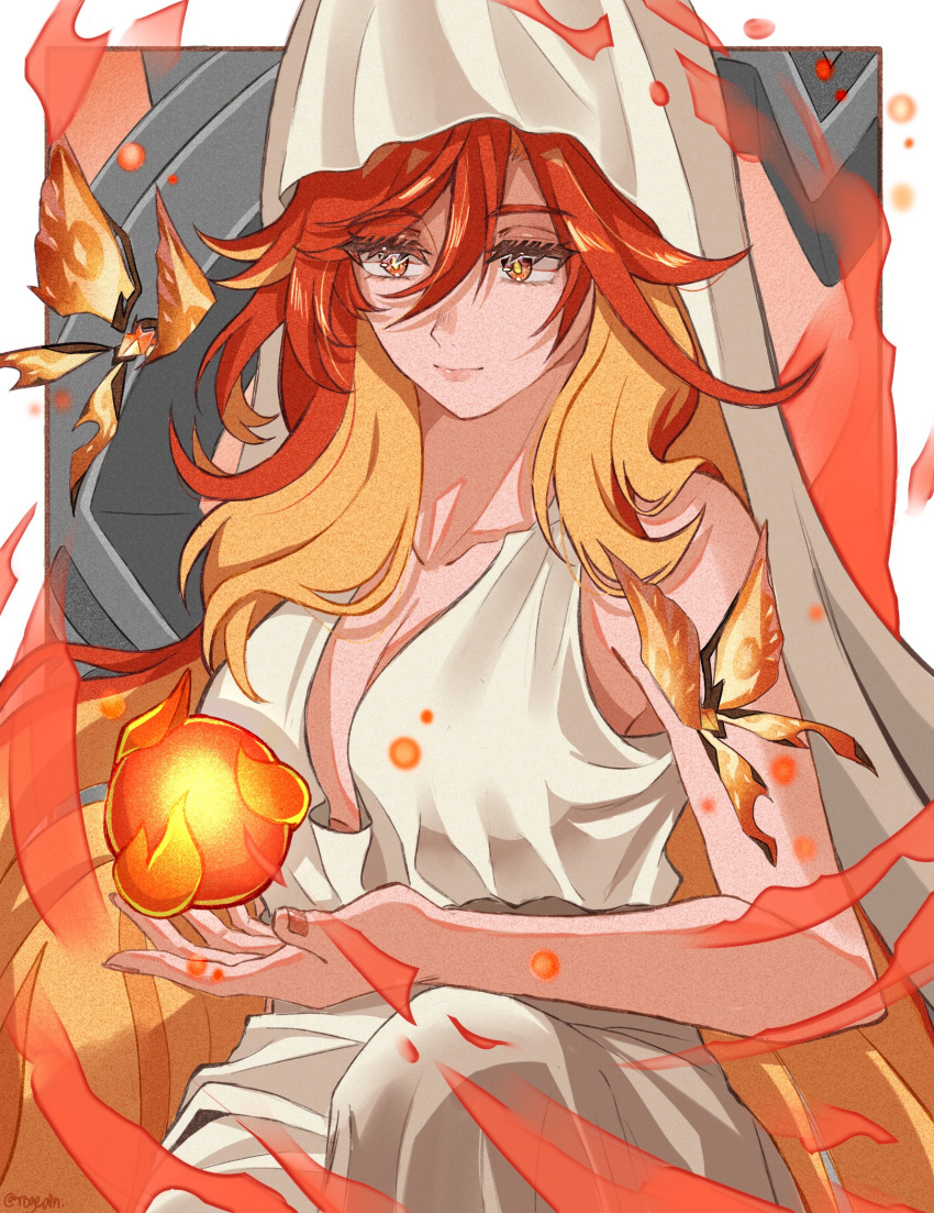 breasts bug butterfly cleavage crystalfly_(genshin_impact) dintoge female fire genshin_impact highres large_breasts long_hair mavuika_(genshin_impact) multicolored_hair official_alternate_costume orange_eyes orange_hair orange_pupils pyrokinesis red_hair smile solo two-tone_eyes two-tone_hair very_long_hair