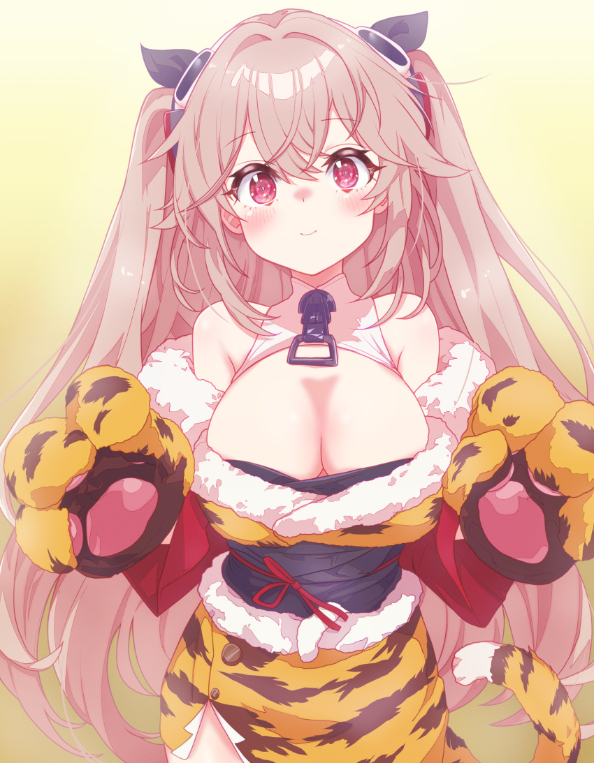 absurdres anchorage_(azur_lane) animal_hands animal_print arbiter1 azur_lane bare_shoulders blush breasts cleavage female fur-trimmed_kimono fur_trim gloves highres japanese_clothes kimono large_breasts light_brown_hair long_hair looking_at_viewer obi off_shoulder paw_gloves red_eyes sash side_slit simple_background smile solo tail tiger_print tiger_tail twintails yellow_background