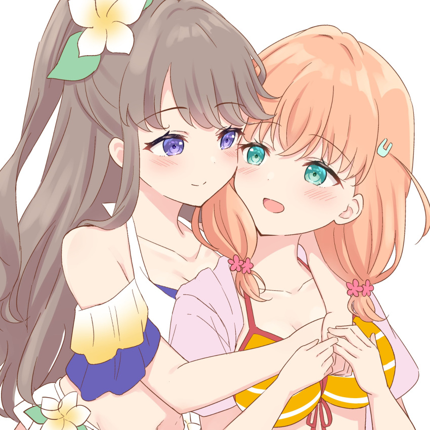 2girls :d adapted_costume aqua_eyes arms_around_neck bikini blue_bikini blush breasts brown_hair cleavage closed_mouth collarbone crossed_bangs eye_contact flower flower_bikini front-tie_bikini_top front-tie_top fujishima_megumi gradient_bikini hair_flower hair_ornament half_updo hanazora_satsuki highres hinoshita_kaho hinoshita_kaho_(swimsuit) hug hug_from_behind jacket jacket_over_swimsuit large_breasts link!_like!_love_live! long_hair looking_at_another love_live! love_live!_school_idol_project medium_hair midriff multiple_girls natsuiro_egao_de_1_2_jump! navel off-shoulder_bikini off_shoulder official_alternate_costume open_clothes open_jacket open_mouth orange_bikini orange_hair passion!!!!!!_(love_live!) pink_flower pink_jacket plumeria purple_eyes rabbit_hair_ornament self_borrowed_hairstyle sidelocks simple_background smile split_mouth striped_bikini striped_clothes swimsuit two_side_up upper_body virtual_youtuber white_background white_bikini white_flower yuri