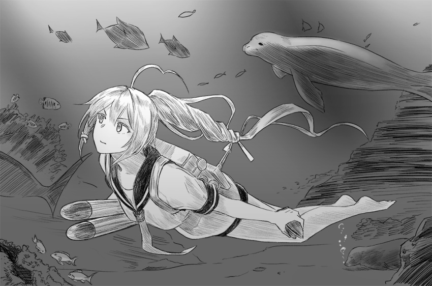 ahoge female fish freediving greyscale i-168_(kancolle) kantai_collection long_hair monochrome neckerchief ponytail sailor_collar sailor_shirt school_uniform seal_(animal) sebas_murasaki serafuku shirt short_sleeves swimsuit swimsuit_under_clothes torpedo underwater