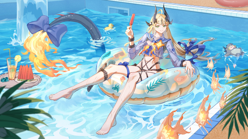 absurdres ahoge angelfish arknights barefoot bikini black_bikini black_horns black_tail blonde_hair blue_bow bow closed_mouth crop_top cropped_shirt dragon_horns dragon_tail drink female fish flame-tipped_tail food fruit green_eyes highres holding holding_food holding_ice_cream horns ice_cream infection_monitor_(arknights) inflatable_toy long_hair long_sleeves looking_at_viewer melon navel official_alternate_costume pool reed_(arknights) reed_the_flame_shadow_(arknights) reed_the_flame_shadow_(summer_flowers)_(arknights) rubber_duck see-through shirt solo swimsuit tail thigh_bow thigh_strap water wet zangfang