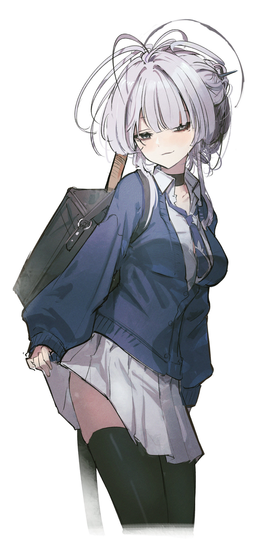 absurdres bag bags_under_eyes black_choker black_thighhighs blazer blue_jacket blue_necktie choker clothes_lift collared_shirt female grey_eyes grey_hair grey_skirt halo highres itokonoue_kaoru jacket looking_at_viewer loose_necktie necktie pleated_skirt project_kv school_bag school_uniform shirt skirt skirt_lift smile solo thighhighs toripisu white_shirt