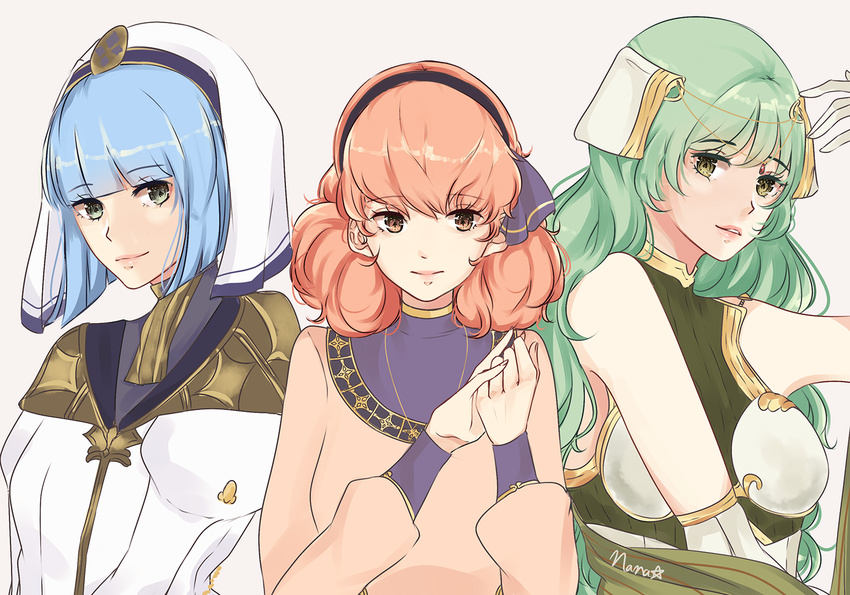 3girls artist_name bare_shoulders blue_hair circlet commentary_request curly_hair fire_emblem fire_emblem_echoes:_shadows_of_valentia genny_(fire_emblem) green_eyes green_hair grey_background hairband jewelry long_hair multiple_girls nana_(mizukas) necklace pink_eyes pink_hair silque_(fire_emblem) simple_background tatiana_(fire_emblem) teeth veil