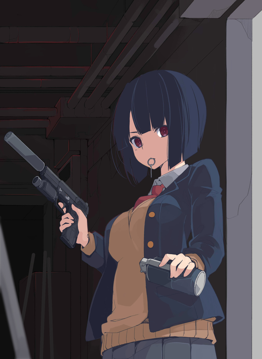 absurdres akagawa007 bad_id bad_pixiv_id black_hair blazer cowboy_shot five-seven_(gun) grenade_pin gun hallway handgun highres jacket looking_at_viewer mouth_hold necktie original red_eyes school_uniform short_hair smoke_grenade solo suppressor sweater trigger_discipline weapon