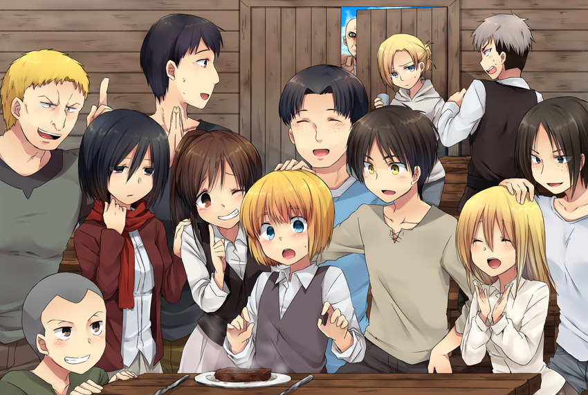 annie_leonhardt armin_arlert bertholt_fubar black_eyes black_hair blonde_hair blue_eyes blush brown_eyes brown_hair christa_renz conny_springer eren_jaeger food gray_hair group jean_kirchstein keith_shadis long_hair marco_bodt marimo_danshaku mikasa_ackerman ponytail reiner_braun sasha_browse scarf shingeki_no_kyojin shirt short_hair wink yellow_eyes ymir_(shingeki_no_kyojin)