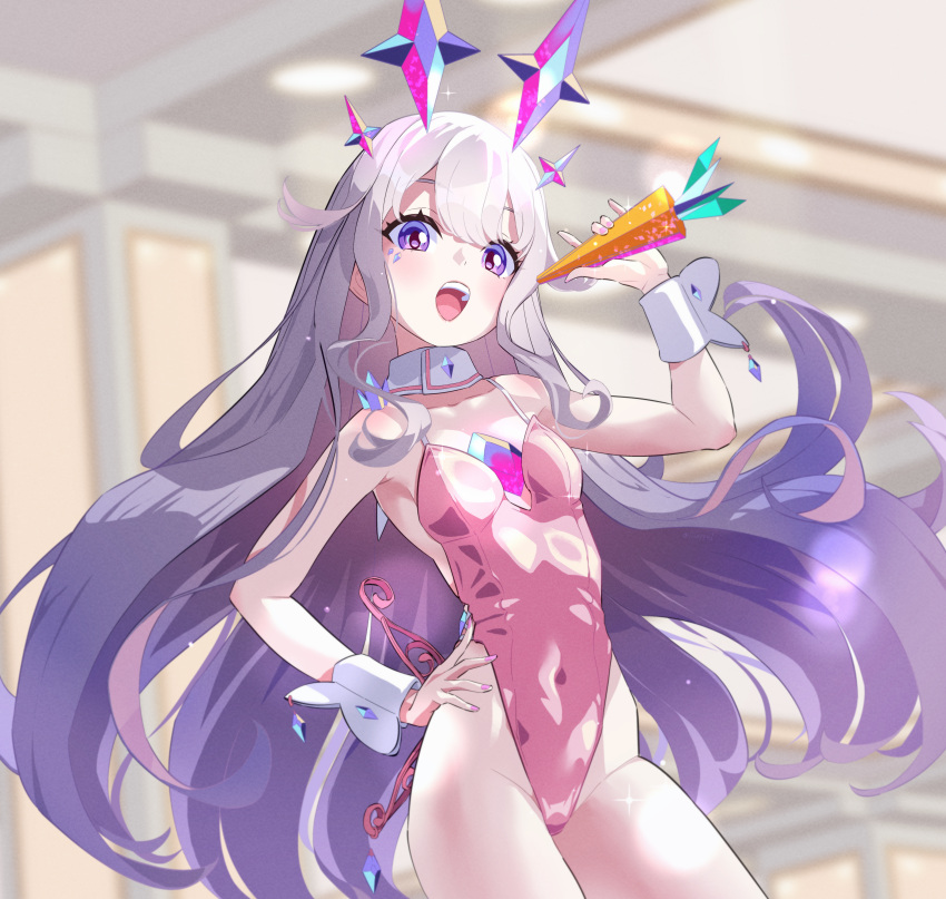 absurdres breasts carrot chest_jewel collar colored_inner_hair detached_collar female fueppu grey_hair hair_flaps hand_on_own_hip highres holding holding_carrot hololive hololive_english jewel_under_eye koseki_bijou leotard long_hair looking_at_viewer multicolored_hair nail_polish open_mouth pink_hair pink_leotard pink_nails playboy_bunny purple_eyes sidelocks small_breasts smile solo teeth upper_teeth_only very_long_hair virtual_youtuber white_collar white_wrist_cuffs wrist_cuffs