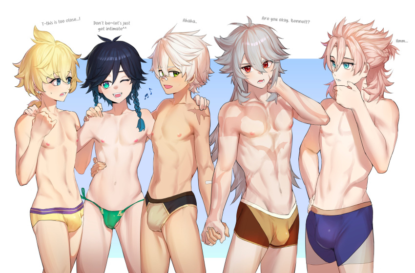 5boys absurdres albedo_(genshin_impact) aqua_eyes bana_gameg bennett_(genshin_impact) bishounen black_hair black_male_underwear blonde_hair blue_eyes blue_hair blue_male_underwear brown_hair brown_male_underwear bulge english_text genshin_impact green_eyes green_male_underwear grey_hair hair_between_eyes highres long_hair male_focus male_underwear mika_(genshin_impact) multicolored_hair multiple_boys muscular muscular_child muscular_male navel nipples one_eye_closed open_mouth razor_(genshin_impact) red_eyes short_hair stomach topless_male underwear venti_(genshin_impact) white_hair yellow_male_underwear