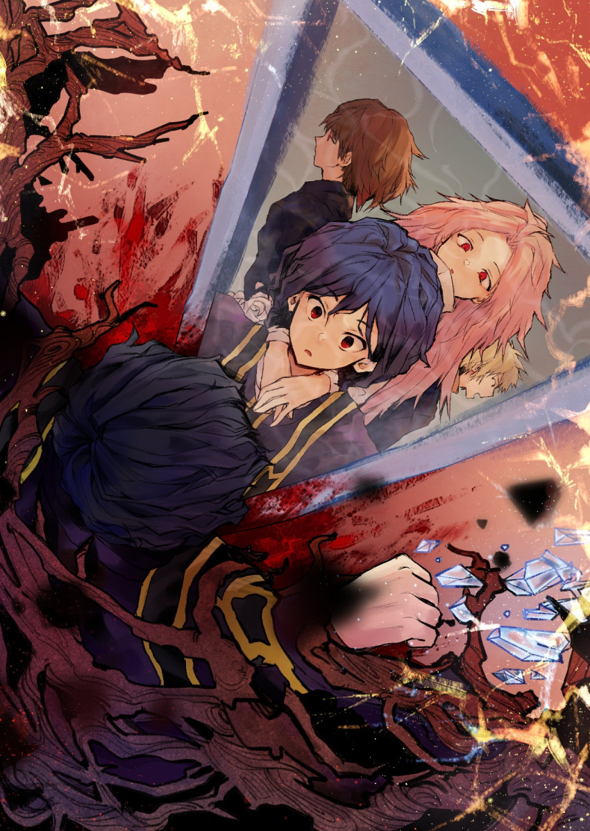 4boys arms_around_neck atou_haruki black_jacket blonde_hair blood blue_hair brown_hair chinese_commentary commentary_request dark_blue_hair different_reflection gold_trim hatsutori_hajime highres ice isoi_haruki jacket long_hair long_sleeves male_focus medium_hair mixed-language_commentary multiple_boys parted_bangs parted_lips pink_hair purple_jacket red_eyes reflection saibou_shinkyoku shirt short_hair spoilers stole tsubune utsugi_noriyuki variant_set white_shirt wide-eyed