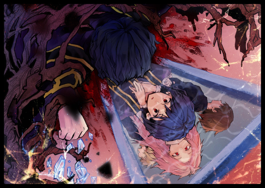 4boys arms_around_neck atou_haruki black_border black_jacket blonde_hair blood blue_hair border brown_hair chinese_commentary commentary_request dark_blue_hair different_reflection gold_trim hatsutori_hajime highres ice isoi_haruki jacket long_hair long_sleeves male_focus medium_hair mixed-language_commentary multiple_boys parted_bangs parted_lips pink_hair purple_jacket red_eyes reflection saibou_shinkyoku shirt short_hair spoilers stole tsubune utsugi_noriyuki variant_set white_shirt wide-eyed