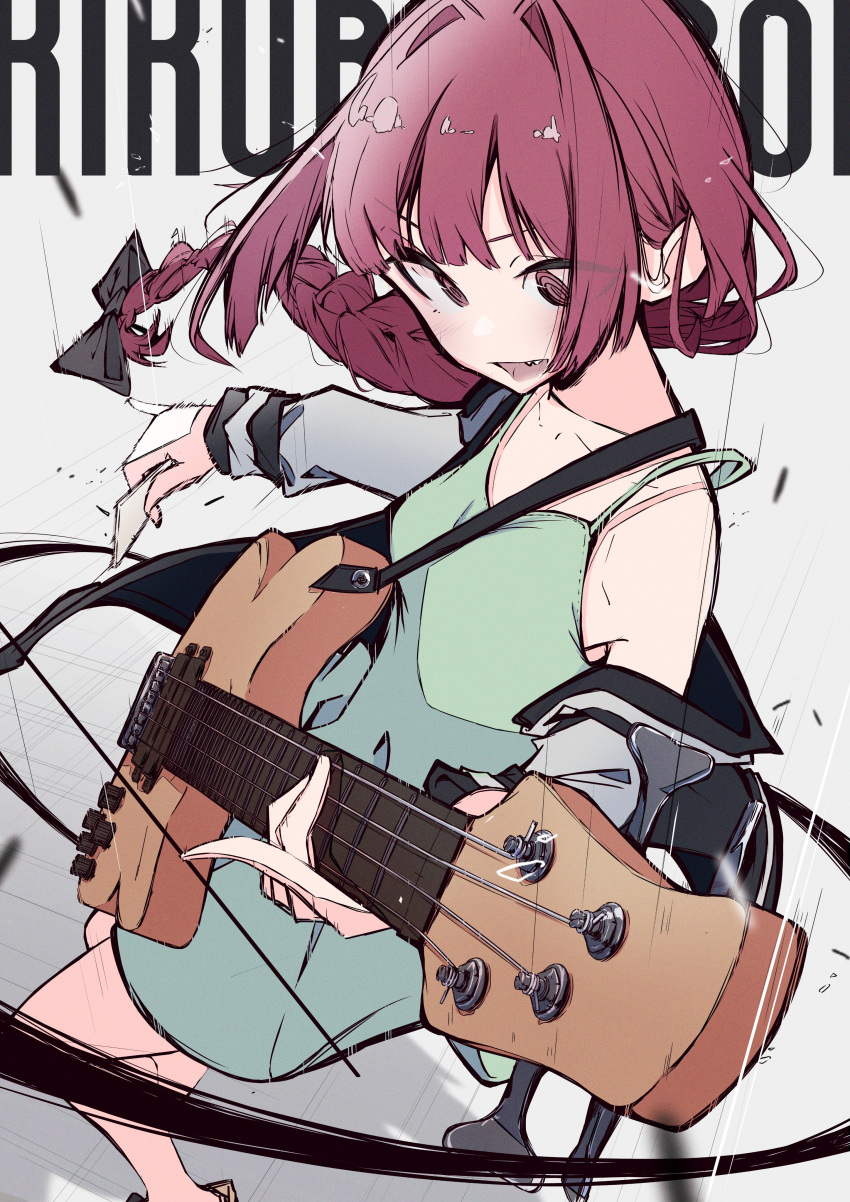 @_@ absurdres aomoringo bass_guitar black_bow bocchi_the_rock! bow braid breasts character_name collarbone commentary_request dress english_text female hair_intakes hairbow highres hiroi_kikuri holding holding_instrument holding_plectrum instrument jacket letterman_jacket looking_down motion_lines music off_shoulder open_clothes open_jacket open_mouth playing_instrument plectrum red_eyes red_hair sharp_teeth short_dress sidelocks single_braid small_breasts solo spaghetti_strap teeth white_background white_jacket