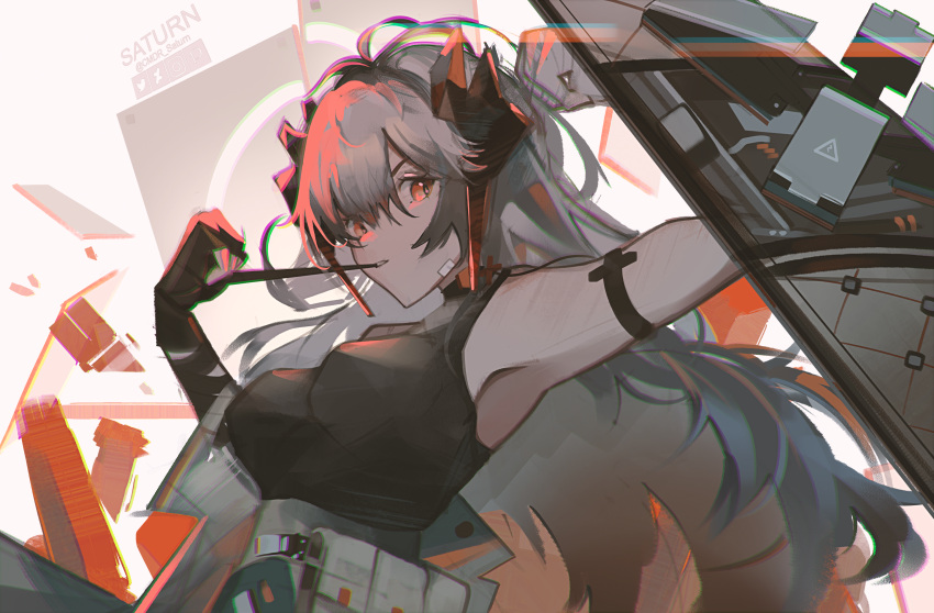 arknights armpits artist_name black_shirt breasts cmdr_saturn commentary deviantart_logo female grey_hair hand_wraps highres horns instagram_logo long_hair orange_eyes pixiv_logo saria_(arknights) shield shirt sleeveless sleeveless_shirt solo twitter_logo twitter_username upper_body