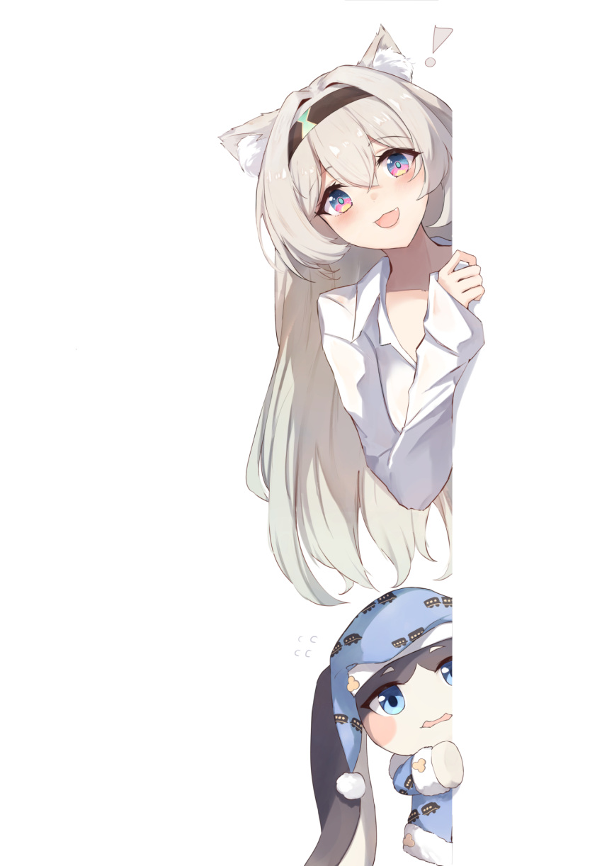 ! 1other :3 animal_ear_fluff animal_ears black_hairband blue_eyes blush breasts elphe eyebrows_hidden_by_hair female firefly_(honkai:_star_rail) flying_sweatdrops gradient_eyes grey_hair hair_between_eyes hairband highres honkai:_star_rail honkai_(series) large_breasts lips long_hair looking_at_viewer multicolored_eyes oerba_yun_fang open_mouth pajamas peeping pom-pom_(honkai:_star_rail) shirt simple_background very_long_hair wavy_mouth white_background white_shirt wolf_ears