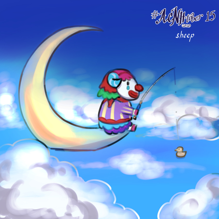 2020 animal_crossing anthro blue_body blue_fur blue_sky bovid caprine closed_smile clothed clothed_anthro clothed_male clothing cloud clown clown_nose colored dated day digital_drawing_(artwork) digital_media_(artwork) dot_eyes duokhay english_text fishing fishing_rod fur green_hair hair hi_res holding_fishing_rod holding_object hooves light lighting male male_anthro mammal medium_hair mouth_closed multicolored_hair nintendo number on_moon outside pietro_(animal_crossing) pink_hair pink_hooves purple_clothing purple_shirt purple_topwear red_hair red_nose rubber_duck shaded sheep shirt side_view sitting sky smile solo text topwear year