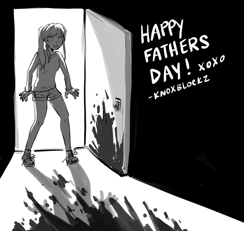 absurdres blood blood_on_ground blood_splatter class_of_09 crying crying_with_eyes_open death english_text father's_day female greyscale highres horrified knoxblockz long_hair long_sleeves monochrome nicole_(class_of_09) open_door ponytail short_shorts shorts streaming_tears tears