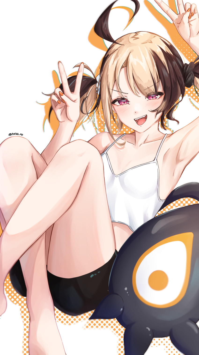 :d ahoge arm_up armpits bare_arms bare_shoulders barefoot black_shorts blush breasts brown_hair brown_nails camisole collarbone commentary crop_top crossed_legs double_v drop_shadow feet_out_of_frame female gigi_murin halftone hand_up highres hololive hololive_english light_brown_hair looking_at_viewer midriff multicolored_hair parted_bangs purple_eyes sharp_teeth shorts small_breasts smile solo takoroki teeth tongue tongue_out twintails two-tone_hair v v-shaped_eyebrows virtual_youtuber white_background white_camisole