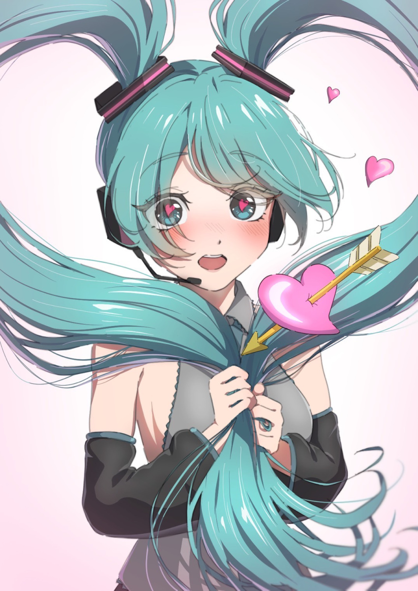 aqua_eyes aqua_hair arrow_through_heart black_sleeves blush detached_sleeves female grey_shirt hair_ornament hatsune_miku headset heart heart_hair heart_in_eye highres holding holding_own_hair long_hair looking_at_viewer nami_(rick_nami) open_mouth shirt simple_background sleeveless sleeveless_shirt solo symbol_in_eye twintails upper_body very_long_hair vocaloid