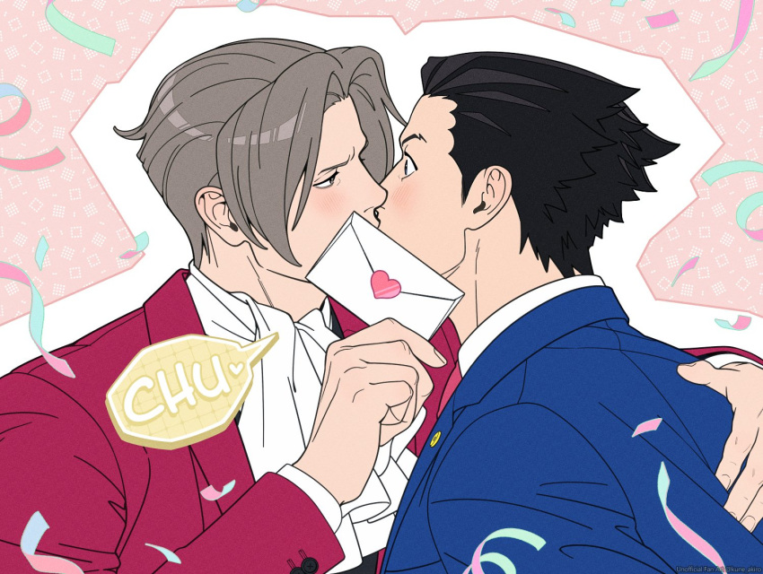 2boys ascot black_hair blue_jacket blush collared_shirt confetti envelope grey_hair gyakuten_saiban hand_on_another's_back heart holding holding_envelope implied_kiss jacket kune_akiro love_letter male_focus miles_edgeworth multiple_boys naruhodou_ryuuichi necktie red_jacket red_necktie shirt short_hair speech_bubble spoken_heart upper_body white_ascot white_shirt yaoi