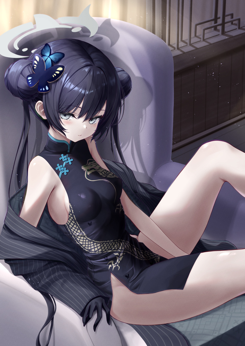 absurdres bare_shoulders black_dress black_gloves black_hair blue_archive blush braid braided_bun breasts butterfly_hair_ornament china_dress chinese_clothes coat double_bun dragon_print dress female gloves grey_coat grey_eyes hair_bun hair_ornament half_gloves halo highres kisaki_(blue_archive) long_hair long_sleeves looking_at_viewer noa_(skae3323) off_shoulder pelvic_curtain pinstripe_pattern short_dress side_slit small_breasts solo striped_coat thighs twintails vertical-striped_coat