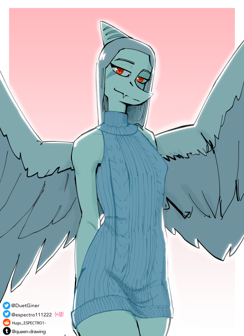 2024 anthro artist_name bedroom_eyes biped blue_body blue_clothing blue_scales blue_topwear bone_frill clothed clothed_anthro clothed_female clothing colored espectro111222 eyebrows fang_(gvh) feathered_wings feathers female frill_(anatomy) front_view goodbye_volcano_high gradient_background grey_body grey_feathers grey_hair hair half-closed_eyes half-length_portrait hands_behind_back hi_res long_hair looking_at_viewer markings meme meme_clothing narrowed_eyes portrait prehistoric_species pterodactylus pterosaur raised_eyebrow red_eyes reptile scales scalie seductive simple_background smile solo standing striped_markings stripes sweater topwear virgin_killer_sweater wings