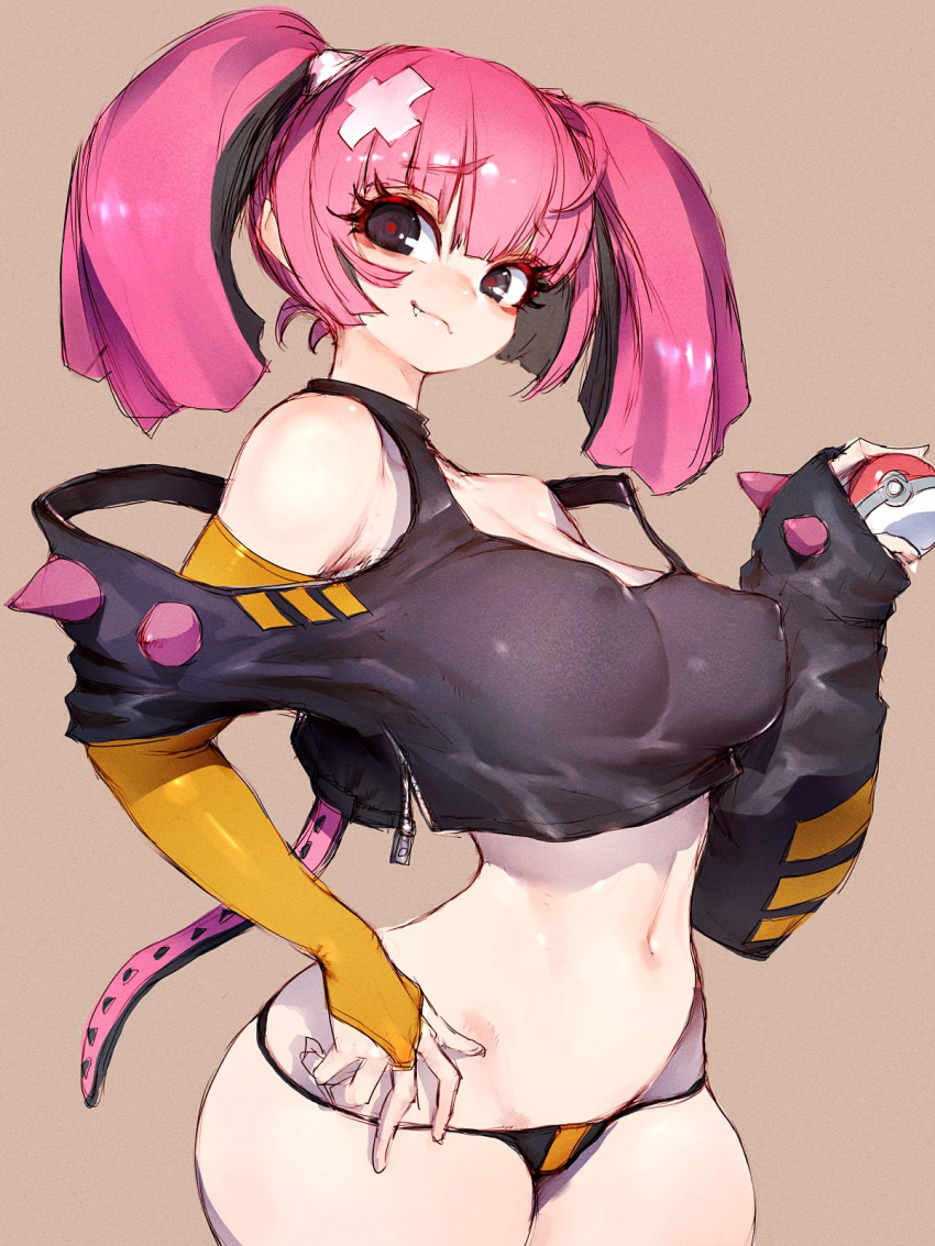 bandaid bandaid_hair_ornament bandaid_on_head bare_shoulders belt black_eyes black_shirt blush breasts character_request contrapposto coral_(pokemon) covered_nipples elbow_gloves eyelashes female fingerless_gloves fumio_(rsqkr) gloves grey_eyes hair_ornament highres holding holding_poke_ball long_sleeves looking_at_viewer mesugaki multicolored_hair navel oerba_yun_fang off-shoulder_shirt off_shoulder orange_gloves pink_hair poke_ball poke_ball_(basic) pokemon pokemon_(anime) pokemon_horizons shirt single_elbow_glove sleeves_past_fingers sleeves_past_wrists smile solo spiked_sleeves streaked_hair thong twintails x_hair_ornament yellow_belt