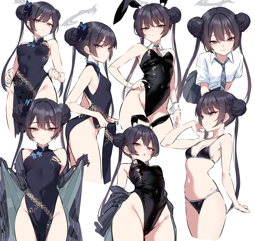 absurdres animal_ears bare_shoulders bikini black_bikini black_dress black_gloves black_hair black_leotard blue_archive blush braid braided_bun breasts butterfly_hair_ornament china_dress chinese_clothes coat double_bun dragon_print dress fake_animal_ears female gloves grey_coat grey_eyes hair_bun hair_ornament half_gloves halo highleg highleg_leotard highres kisaki_(blue_archive) leotard long_hair long_sleeves looking_at_viewer multiple_views off_shoulder pelvic_curtain pinstripe_pattern playboy_bunny rabbit_ears shigure_s short_dress side_slit small_breasts striped_coat swimsuit thighs twintails vertical-striped_coat