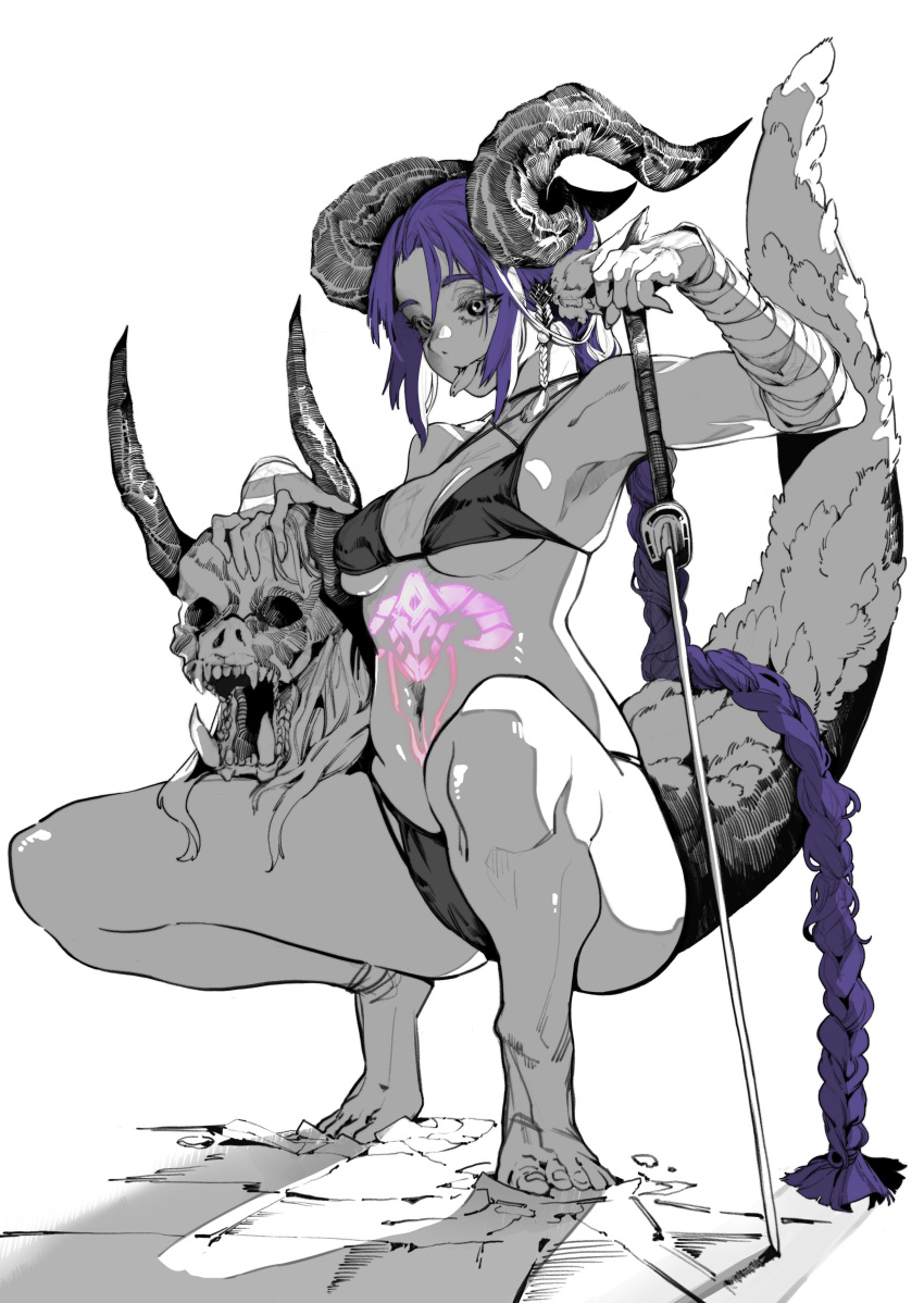 absurdly_long_hair absurdres animal_ears armpits bandaged_arm bandages barefoot bikini braid braided_ponytail breasts commentary demon_girl demon_horns female forked_tongue full_body glowing_tattoo greyscale hair_ornament highres holding holding_skull holding_sword holding_weapon horns long_hair looking_ahead matata1203 medium_breasts monochrome navel original planted planted_sword purple_hair skull solo squatting stomach_tattoo swimsuit sword symbol-only_commentary tail tassel tassel_hair_ornament tattoo tongue tongue_out very_long_hair weapon