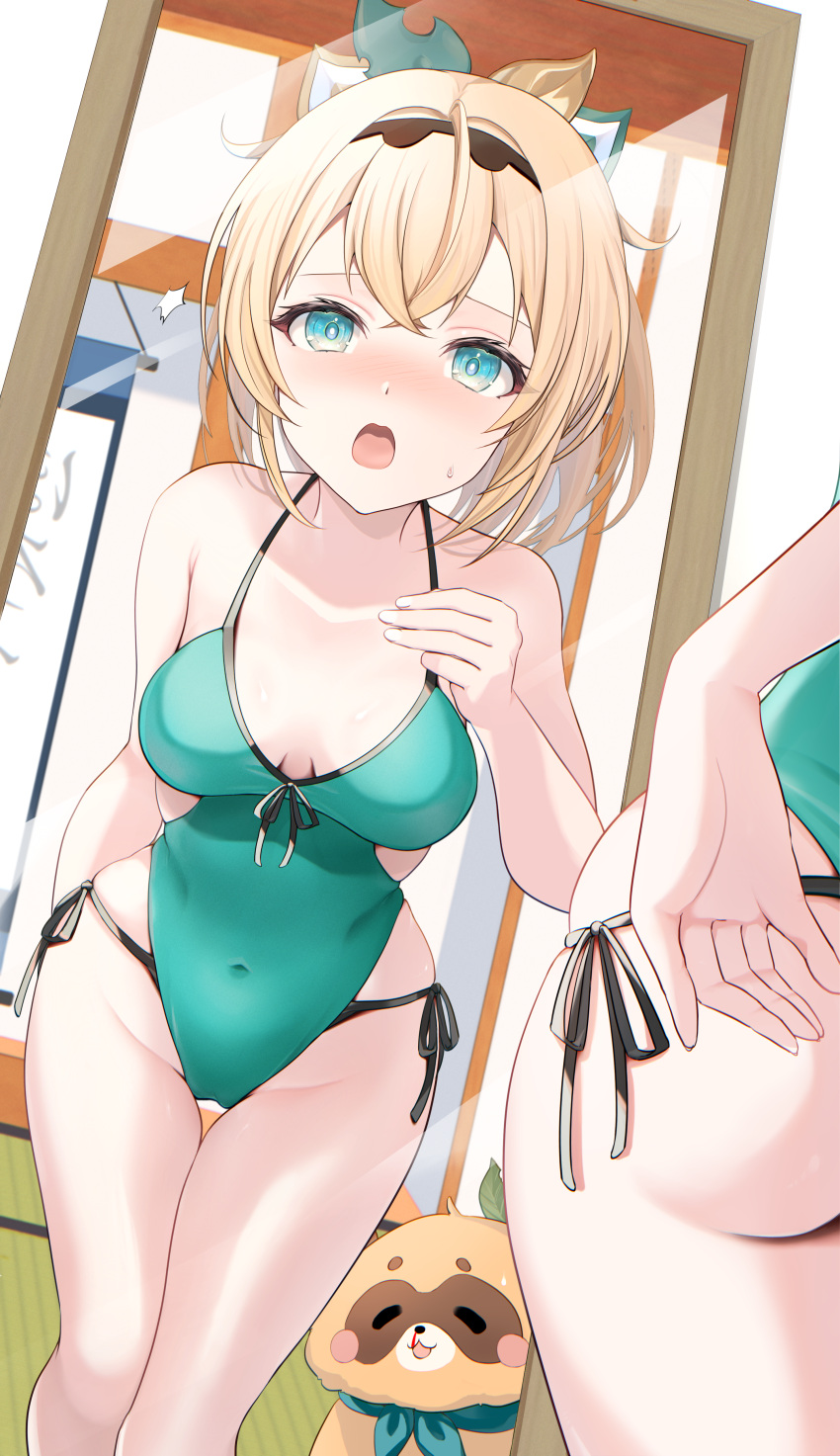 absurdres aqua_eyes bare_shoulders bikini bikini_bottom_only blonde_hair blush breasts commentary_request covered_navel crossed_bangs female green_one-piece_swimsuit hair_ornament halterneck highleg highleg_one-piece_swimsuit highres hololive indoors kazama_iroha kudoukudokudo leaf_hair_ornament looking_at_mirror medium_breasts medium_hair mirror one-piece_swimsuit open_mouth pokobee side-tie_bikini_bottom solo sweatdrop swimsuit thigh_gap virtual_youtuber