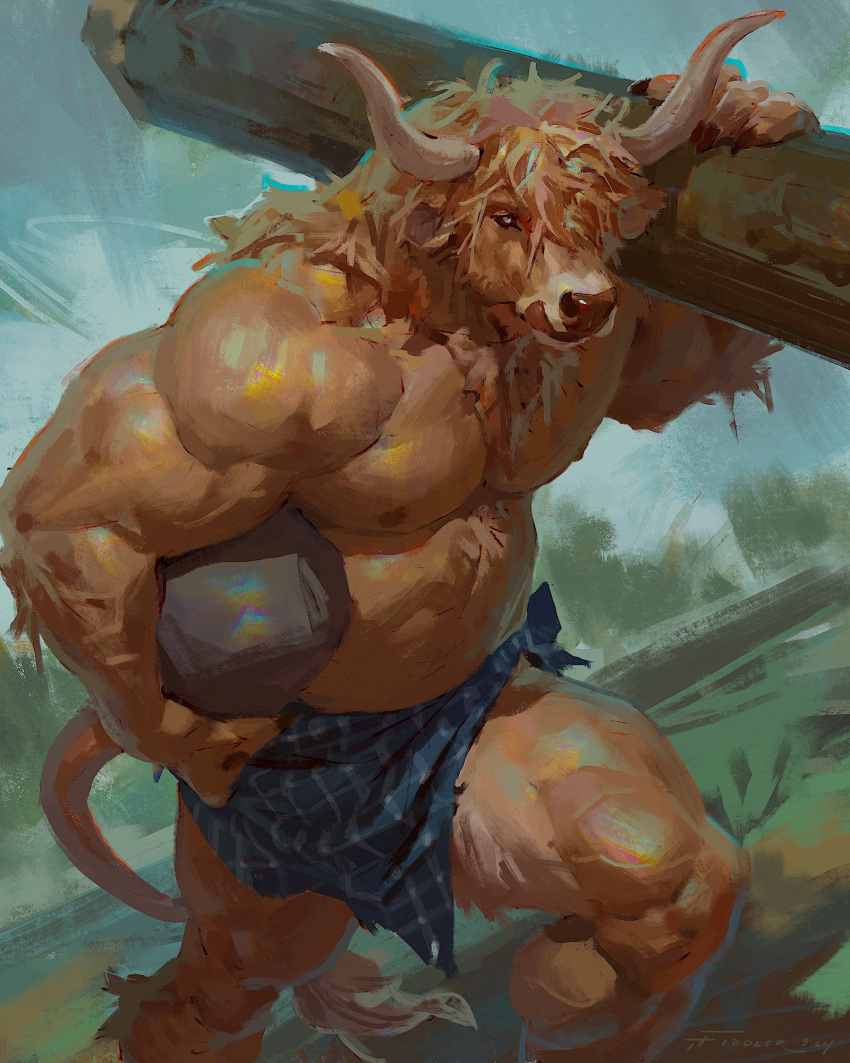 2024 anthro biceps bovid bovine brown_hair cattle clothed clothing hair hi_res holding_log holding_object holding_rock horn kilt log male mammal musclegut muscular muscular_anthro muscular_male nipples outside pecs quads rock signature solo tail tail_tuft taran_fiddler tongue tongue_out topless triceps tuft vein veiny_muscles weretober weretober2024 wood