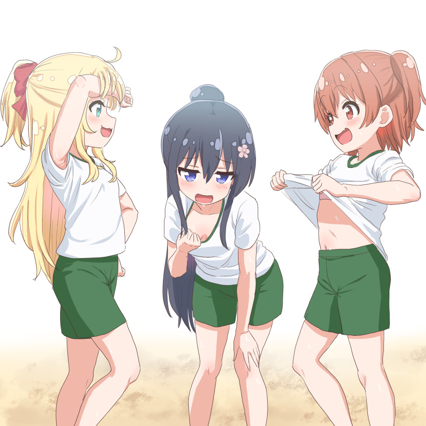 absurdres belly black_hair blonde_hair blue_eyes breasts clothes_lift collar collarbone flat_chest green_collar green_eyes green_shorts gym_shirt gym_shorts gym_uniform highres himesaka_noa hoshino_hinata navel orange_eyes orange_hair shirosaki_hana shirt shirt_lift shorts small_breasts sweat warukusu watashi_ni_tenshi_ga_maiorita!