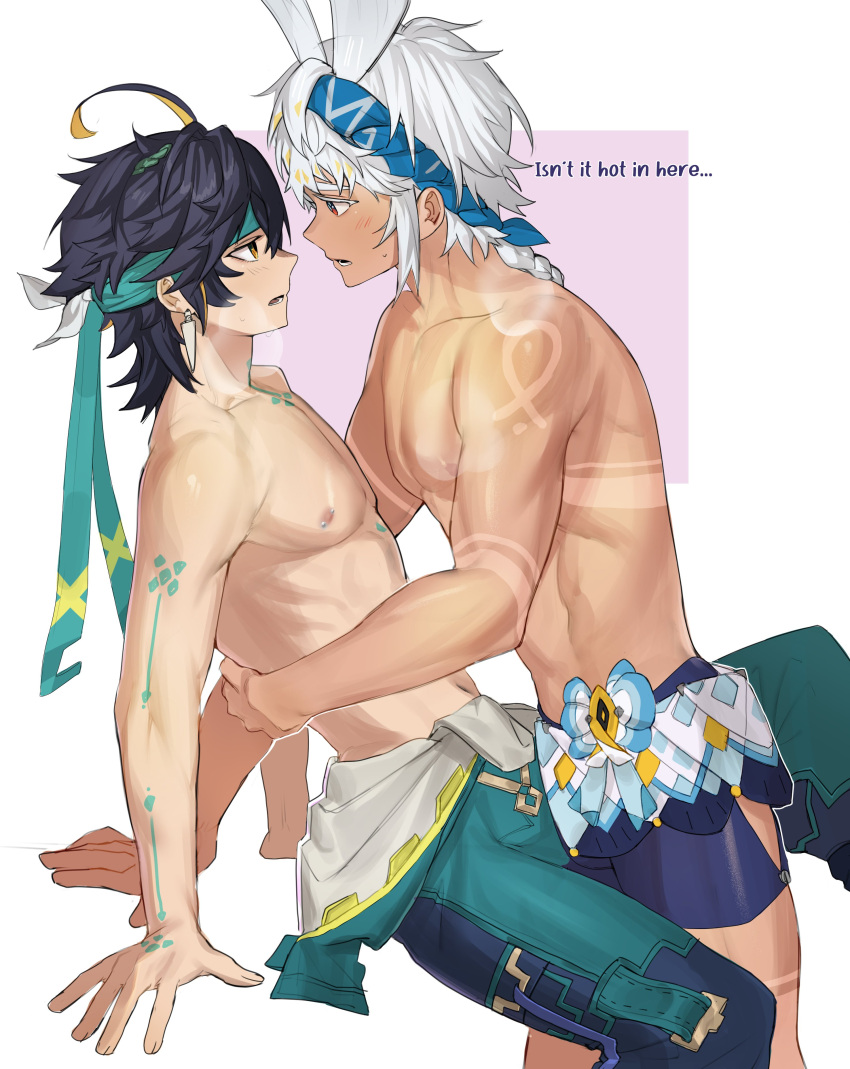 2boys abs absurdres arm_tattoo bana_gameg black_hair black_pants black_shorts blue_hairband blush braid dark-skinned_male dark_skin earrings genderswap_(ftm) genshin_impact green_headband hair_between_eyes hairband headband highres jewelry kinich_(genshin_impact) long_hair male_focus mualani_(genshin_impact) multicolored_hair multiple_boys muscular muscular_male nipples open_mouth pants red_eyes rule_63 short_hair shorts tattoo topless_male white_hair yaoi yellow_eyes