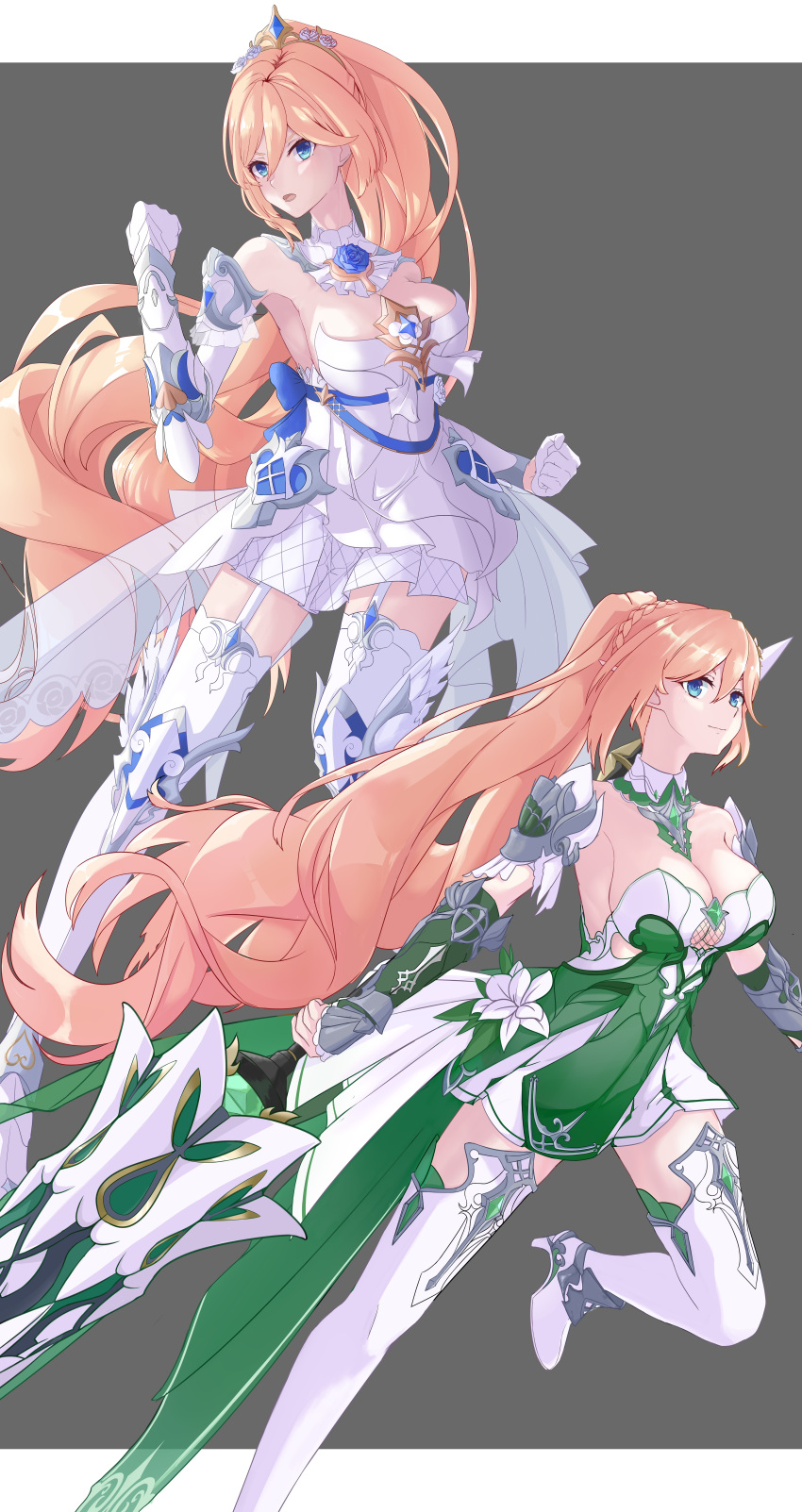 absurdres arm_guards armor armpits blue_eyes blue_flower blue_rose breasts chinese_commentary cleavage cleavage_cutout clenched_hands closed_mouth clothing_cutout commentary double-parted_bangs dress dress_flower durandal_(emerald_of_alfheim)_(honkai_impact) durandal_(honkai_impact) durandal_(stellar_promise)_(honkai_impact) eyelashes fake_wings feet_out_of_frame fishnets flower flower_brooch garter_straps gloves green_dress grey_background hair_between_eyes hand_up high_heels high_ponytail highres holding holding_polearm holding_weapon honkai_(series) honkai_impact_3rd lance large_breasts leg_up long_bangs long_hair looking_at_viewer looking_to_the_side lower_teeth_only multiple_views open_mouth orange_hair outside_border pauldrons polearm poleyn ponja_chan ponytail_with_braided_base rose short_dress shoulder_armor smile standing strapless strapless_dress teeth thighhighs tiara turning_head two-tone_dress v-shaped_eyebrows vambraces very_long_hair weapon white_dress white_footwear white_gloves white_thighhighs wings