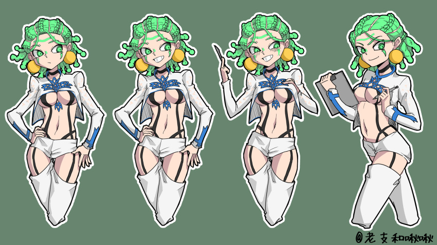 artist_name breasts cioccolata expressions female genderswap_(mtf) green_background green_eyes green_hair helltaker highres jojo_no_kimyou_na_bouken laozhi_he_jiujiu long_sleeves midriff puffy_long_sleeves puffy_sleeves rule_63 smile tachi-e vento_aureo