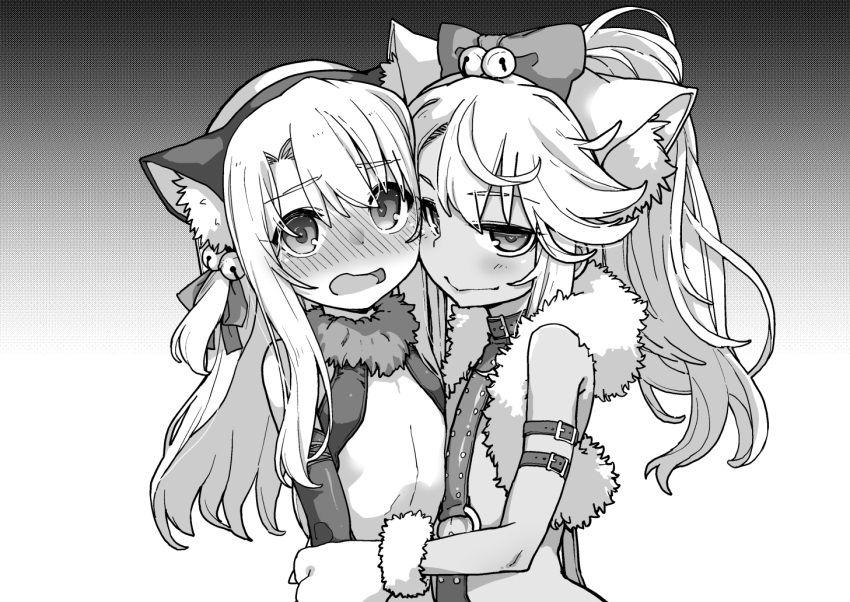 2girls animal_ear_fluff animal_ears animal_hands bare_shoulders bell belt blush bow breasts cat_ears center_opening chloe_von_einzbern chloe_von_einzbern_(beast_style) collar dark-skinned_female dark_skin elbow_gloves fake_animal_ears fate/kaleid_liner_prisma_illya fate_(series) fur_collar gloves greyscale hair_ribbon hairbow illyasviel_von_einzbern illyasviel_von_einzbern_(beast_style) jingle_bell leotard long_hair looking_at_viewer monochrome multiple_girls o-ring open_mouth paw_gloves ponytail ribbon sakula sidelocks small_breasts smile