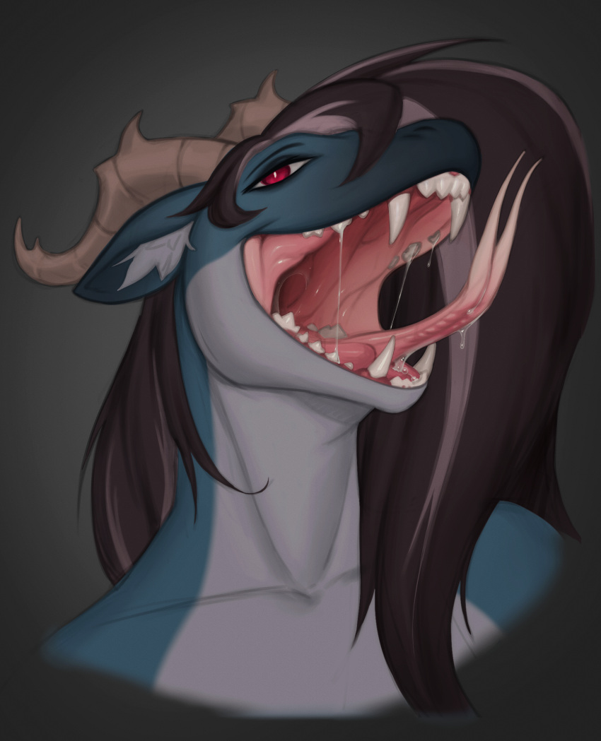 anthro blue_body blue_skin bodily_fluids dragon fangs female hi_res horn ms.sunrise mythological_creature mythological_scalie mythology open_mouth red_eyes saliva saliva_string scalie solo teeth tongue vore