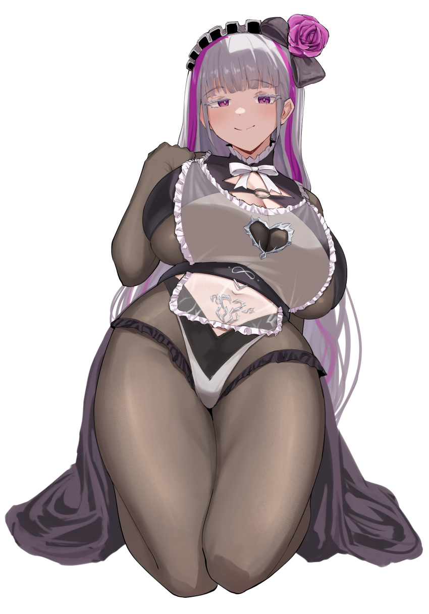 black_bodysuit blunt_bangs blush bodysuit breasts closed_mouth dated_commentary eternity_(last_origin) female full_body hair_ornament hand_up highres kneeing large_breasts last_origin long_hair multicolored_hair narodenden pubic_tattoo purple_eyes purple_hair simple_background smile solo streaked_hair tattoo thighs two-tone_hair white_background white_hair