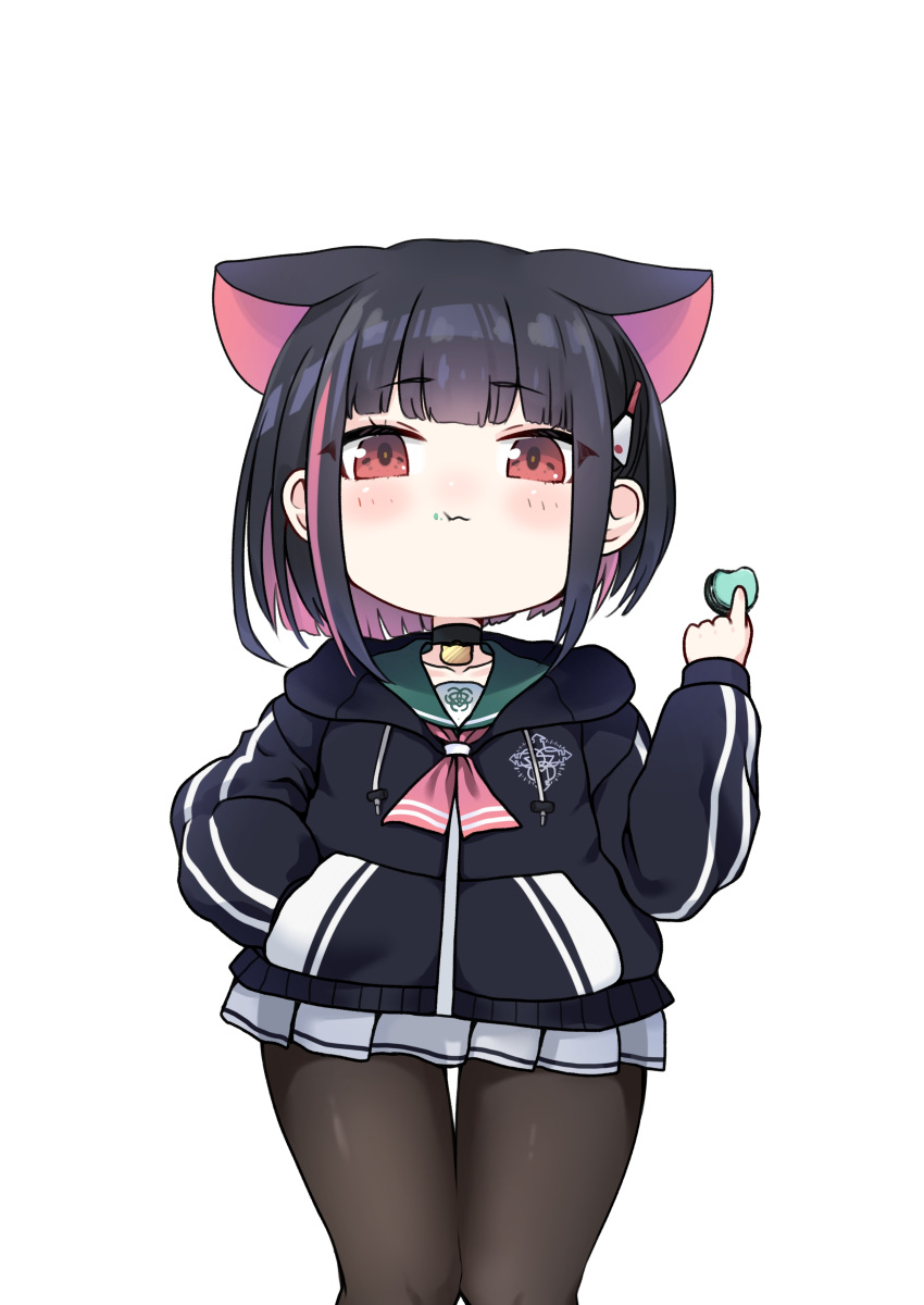 :t absurdres animal_ears black_choker black_hair black_jacket blue_archive blush_stickers brown_pantyhose cat_ears chibi choker closed_mouth collarbone commentary_request drawstring dyson_(edaokunnsaikouya) eating female food food_on_face from_below green_sailor_collar hair_ornament hairclip hand_in_pocket highres holding holding_food hood hood_down hooded_jacket jacket kazusa_(blue_archive) long_sleeves macaron multicolored_hair pantyhose pink_hair pleated_skirt puffy_long_sleeves puffy_sleeves red_eyes sailor_collar simple_background skirt solo two-tone_hair wavy_mouth white_background white_skirt