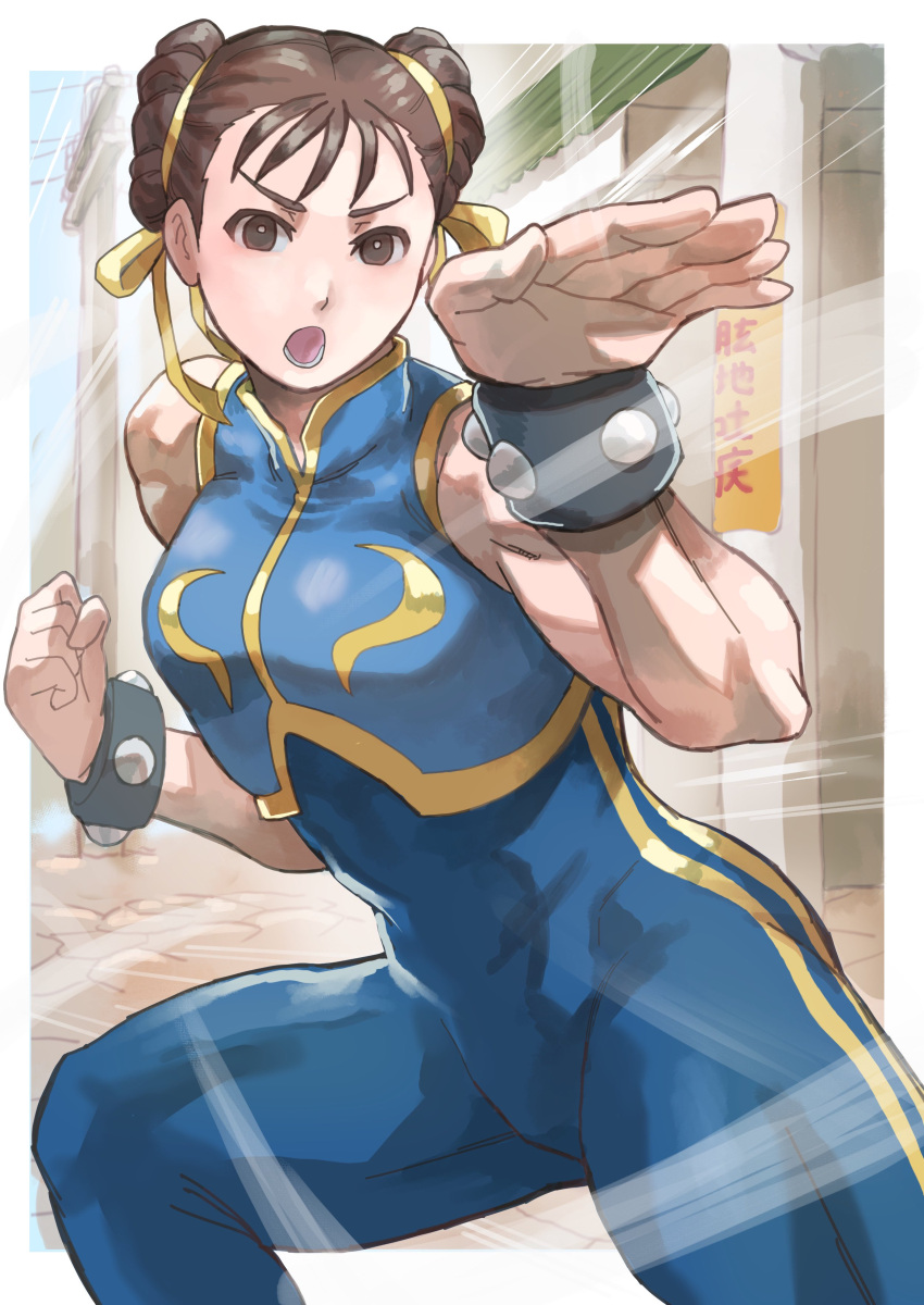 :o absurdres bare_shoulders blue_bodysuit bodysuit border bracelet bright_pupils brown_eyes brown_hair chun-li clenched_hand commentary double_bun female fighting_stance hair_bun hair_ribbon hands_up highres jewelry k_katora lower_teeth_only mandarin_collar outdoors outside_border power_lines ribbon shouting sleeveless sleeveless_bodysuit solo squatting street_fighter studded_bracelet teeth toned_female utility_pole v-shaped_eyebrows white_border white_pupils wind yellow_ribbon