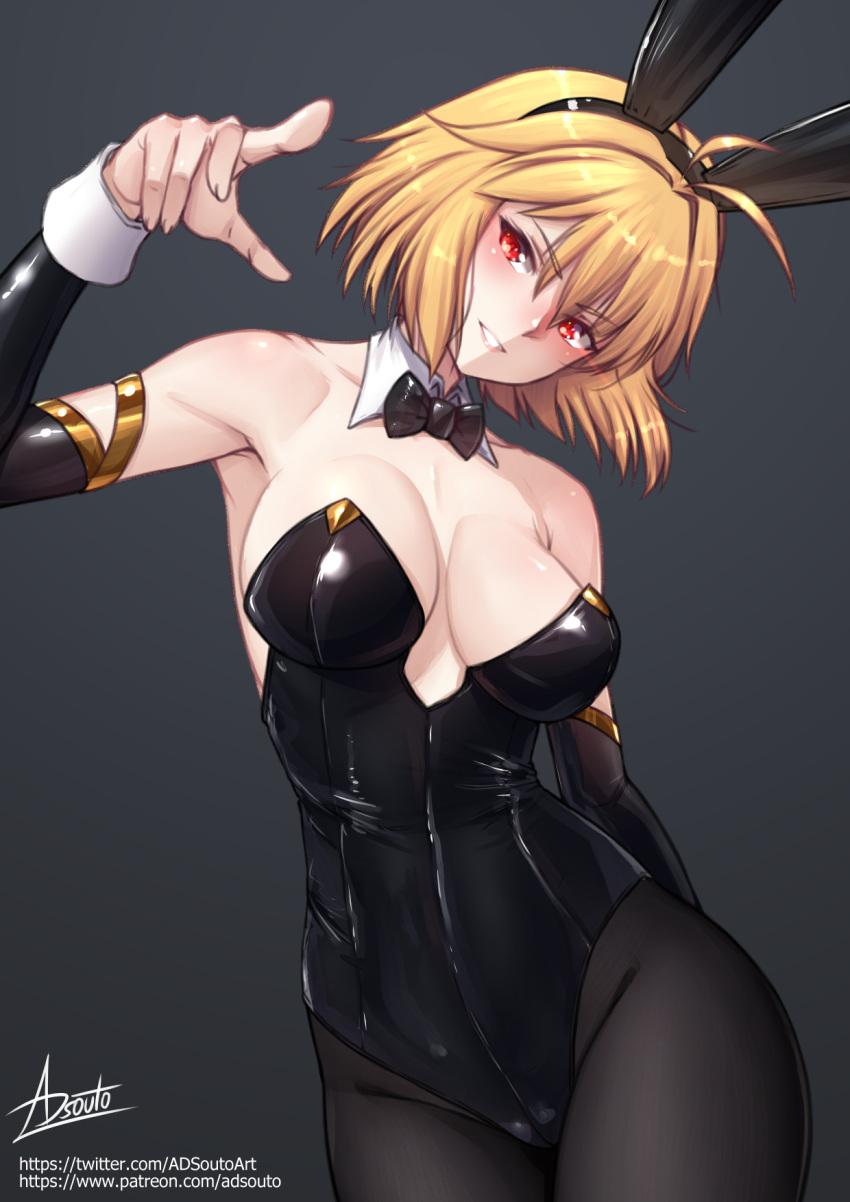 adsouto ahoge alternate_costume animal_ears arcueid_brunestud black_bow black_bowtie black_leotard black_pantyhose black_sleeves blonde_hair bow bowtie breasts detached_collar detached_sleeves fake_animal_ears female gold_trim grin highres leotard medium_breasts pantyhose playboy_bunny pointing pointing_at_viewer rabbit_ears red_eyes short_hair signature simple_background smile solo strapless strapless_leotard tsukihime variant_set