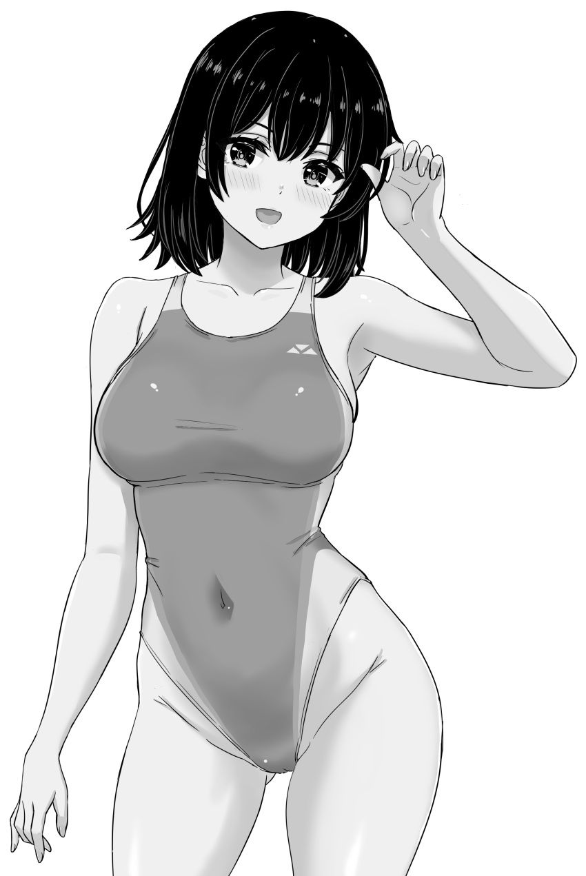 absurdres ass_visible_through_thighs breasts collarbone competition_swimsuit contrapposto covered_navel cowboy_shot female greyscale groin hand_up highleg highleg_one-piece_swimsuit highres inanaki_shiki looking_at_viewer medium_breasts monochrome one-piece_swimsuit open_mouth short_hair simple_background solo swimsuit white_background yahari_ore_no_seishun_lovecome_wa_machigatteiru. yukinoshita_haruno