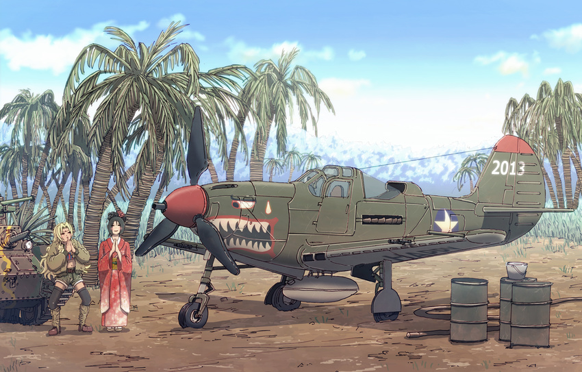 2girls aircraft airplane bucket commentary_request earasensha japanese_clothes kimono military military_vehicle motor_vehicle multiple_girls original outdoors p-39_airacobra palm_tree photoshop_(medium) tank tree vehicle_focus