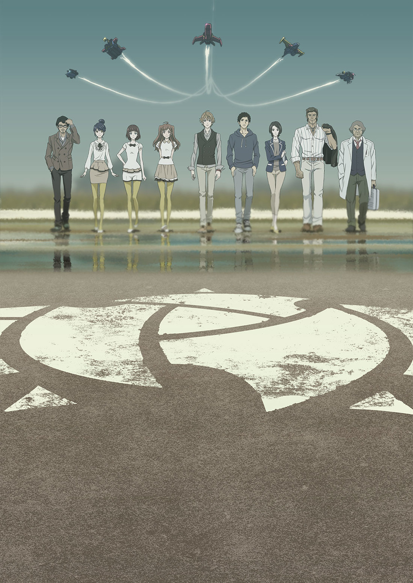 4girls 5boys aircraft airplane blue_sky blurry contrail day depth_of_field emblem flying formal full_body g-men'75 gotou_hidenori harazuka_jun hazama_masayoshi heat_haze highres ishihara_sumi jet kaname_jouji key_visual konno_akira_(samurai_flamenco) lineup long_sleeves looking_at_viewer machinery maya_mari misawa_mizuki morita_moe multiple_boys multiple_girls official_art outdoors pants pantyhose pantyhose_under_shorts parody promotional_art reflection runway samurai_flamenco shorts sky walking yamashita_yoshimitsu