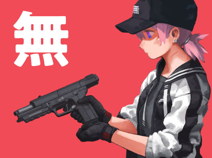 baseball_cap black_gloves blue_eyes bruise ear_piercing five-seven_(gun) flat_chest gloves gun handgun hat holding holding_gun holding_weapon injury jacket locked_slide low_ponytail original piercing pink_background pink_hair pistol reloading sara_manta short_ponytail sleeves_pushed_up solo track_jacket trigger_discipline weapon