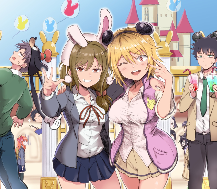 3boys 6+girls ;d absurdres animal_ears backpack bad_id bad_twitter_id bag blazer blonde_hair blush castle company_connection crossover disneyland dress_shirt gekkan_shoujo_nozaki-kun grin highres iguchi_akari inactive_account jacket komiyama_kotomi kuroki_tomoki kuroki_tomoko long_hair multiple_boys multiple_girls nozaki_umetarou one_eye_closed open_clothes open_jacket open_mouth pants pleated_skirt rouman_academy_school_uniform sakura_chiyo school_uniform seo_yuzuki shirt short_hair skirt smile square_enix sweatdrop tamura_yuri tomato_cyuki untucked_shirt v wakamatsu_hirotaka watashi_ga_motenai_no_wa_dou_kangaetemo_omaera_ga_warui! white_shirt yoshida_masaki