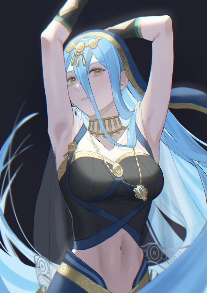 alternate_costume armpits arms_up azura_(fire_emblem) azura_(hatari)_(fire_emblem) blue_hair breasts dress e5nf8v elbow_gloves female fire_emblem fire_emblem_fates fire_emblem_heroes gloves hair_between_eyes hairband highres jewelry long_hair looking_at_viewer midriff navel official_alternate_costume solo teeth very_long_hair yellow_eyes